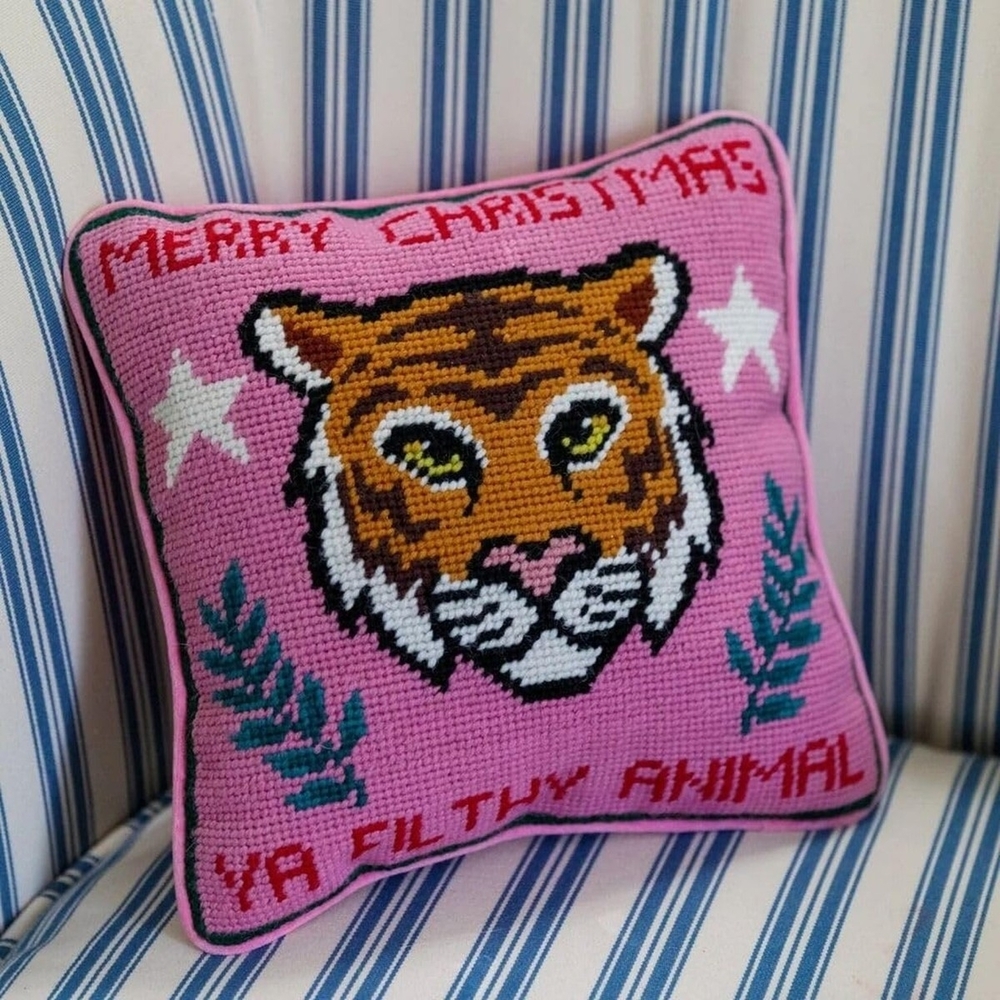 FURBISH Trendy Needlepoint Holiday Throw Pillow/ Home Decor New!